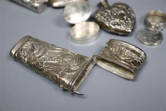 A 19th century embossed white metal etui (probably French) and five other small silver items, approx 3oz (gross)